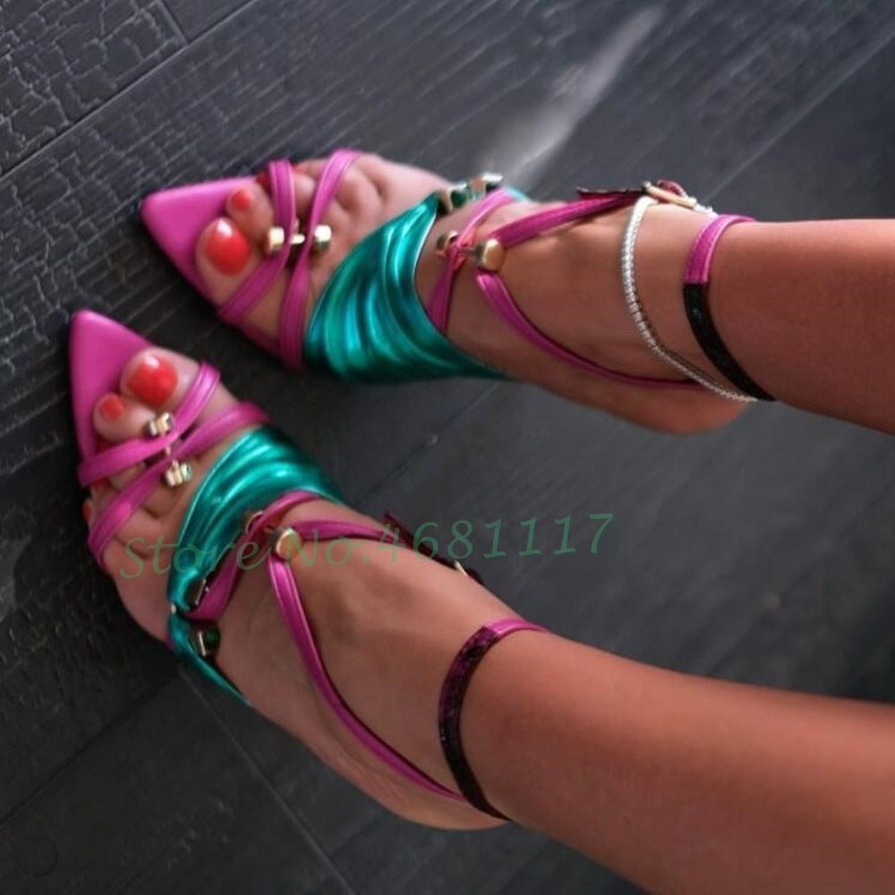 Neon Pink Color Strap Buckle Sandals Women Metal Rivets Heels Patent Leather Thin Heels Party Shiny Sandals 2022 Summer Shoes - Sabreeonline