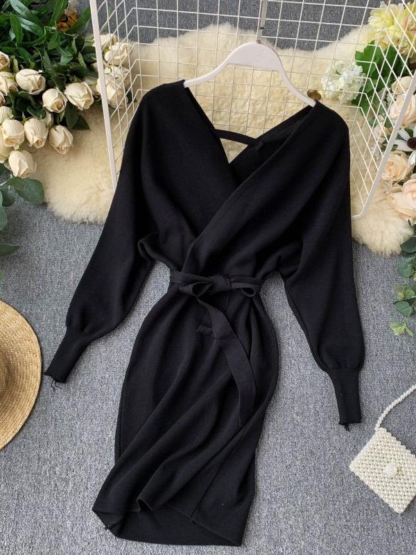 Sweater Dress Batwing Sleeve V Neck Elegant Dress Ladies Bandage Dress - Sabreeonline