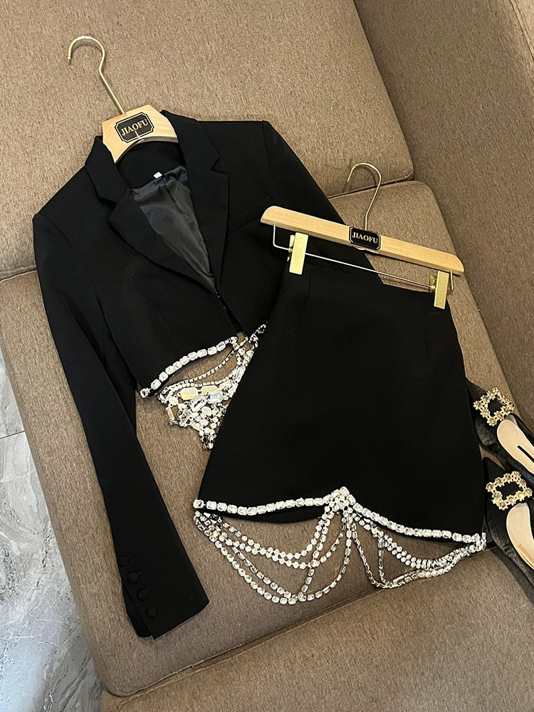 Designed Rhinestone Chain Short Blazer - Sabreeonline