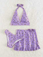 Floral Print 3 Piece Bikini with Skirt