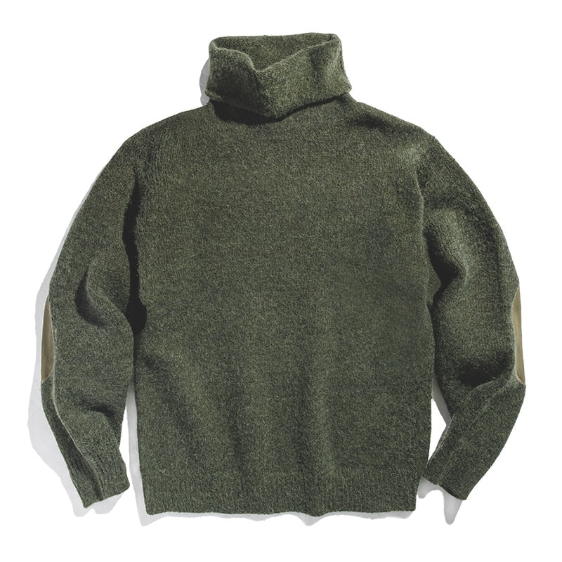Maden Men&#39;s Vintage Warm Soft Mohair Turtleneck Sweater Green Grey Long Sleeve Sweater With Elbow Patch - Sabreeonline