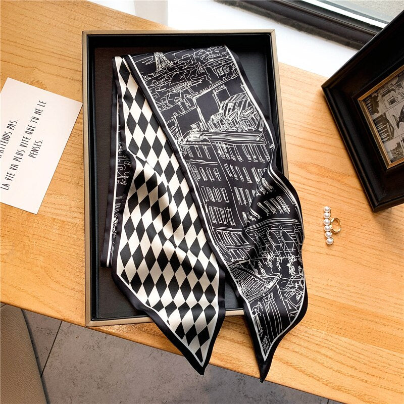Elegant Print Satin Silk Skinny Scarf - Sabreeonline