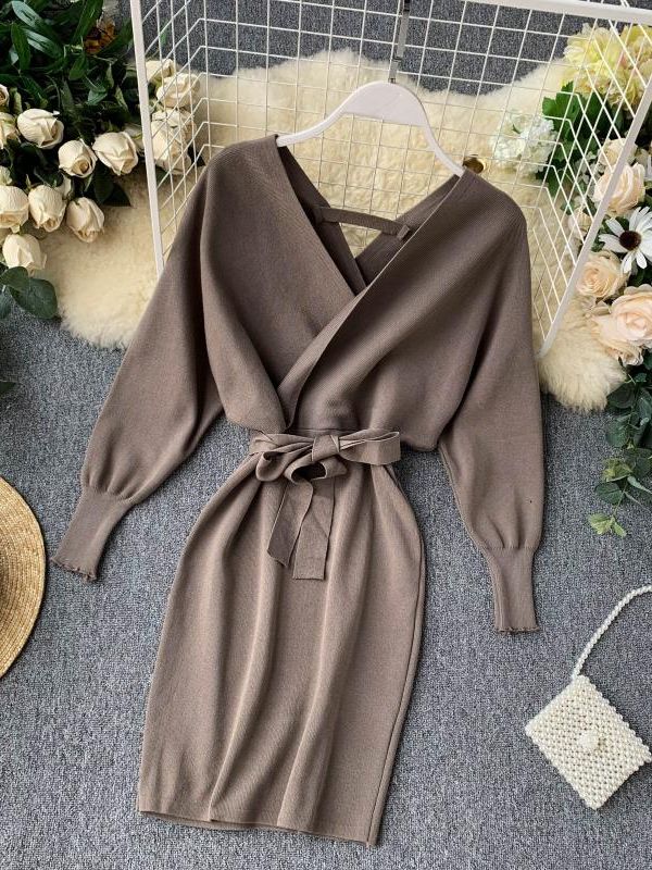 Sweater Dress Batwing Sleeve V Neck Elegant Dress Ladies Bandage Dress - Sabreeonline