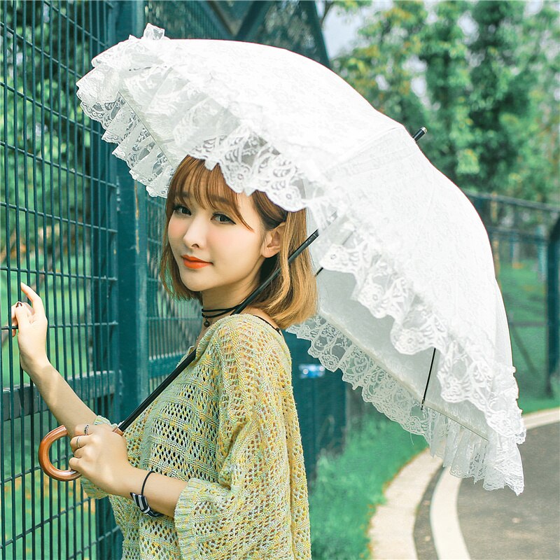 White Lace Umbrella Women Flower Long Handle Umbrella Wedding Retro Sunshade Girls Umbrellas Decoration Guarda Chuva Gift SY329 - Sabreeonline