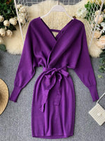 Sweater Dress Batwing Sleeve V Neck Elegant Dress Ladies Bandage Dress - Sabreeonline