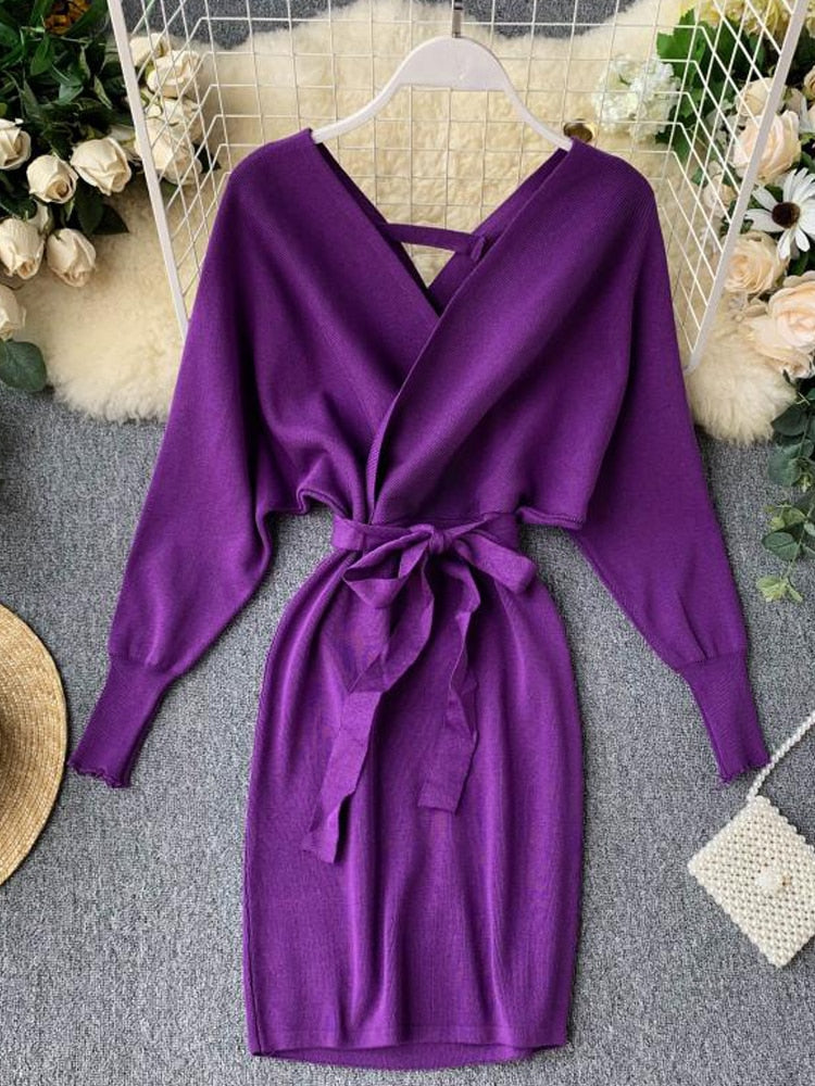 Sweater Dress Batwing Sleeve V Neck Elegant Dress Ladies Bandage Dress - Sabreeonline