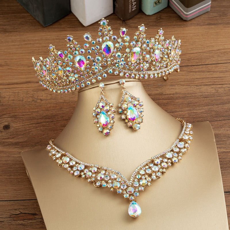 Baroque Crystal Water Drop Bridal Jewelry Sets Rhinestone Tiaras Crown Necklace Earrings for Bride Wedding Dubai Jewelry Set - Sabreeonline