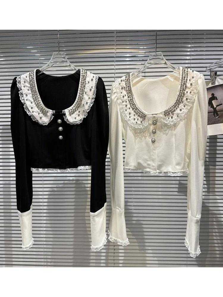 HIGH QUALITY New Fashion 2023 Designer Shirt Women's Granular Beaded Neck Flare Sleeve Shirt T-shirt - Sabreeonline