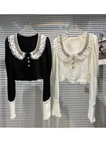 HIGH QUALITY New Fashion 2023 Designer Shirt Women's Granular Beaded Neck Flare Sleeve Shirt T-shirt - Sabreeonline