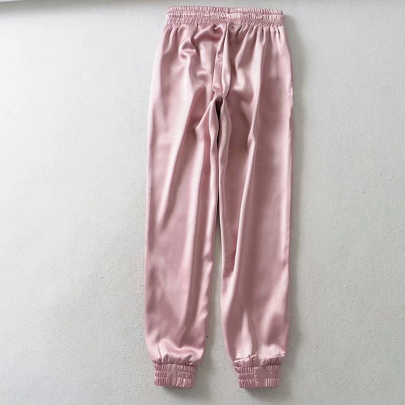 New High Waist Satin Pants Women Bsolid Color Black Joggers Women Trousers Casual Pants Cargo Sweatpants Korean Red Fall - Sabreeonline