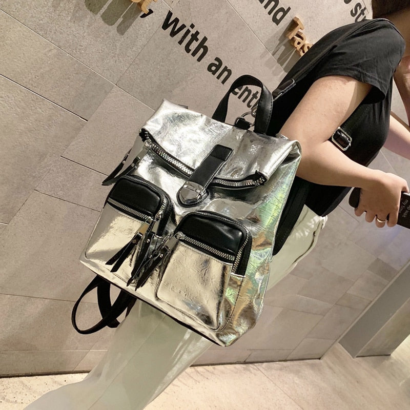 New Fashion Trendy Brand Backpack Ladies 2023 New All-match Multi-purpose Backpack Silver Casual Travel Bag Mochila Feminina - Sabreeonline
