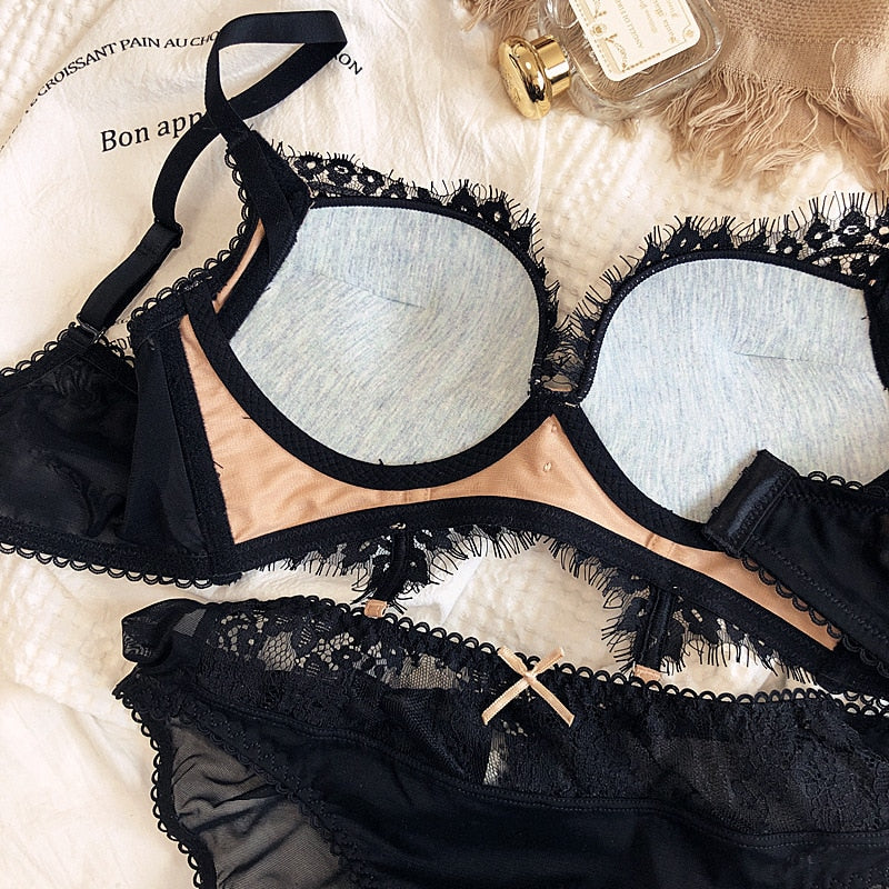 Lace sexy small chest gather lingerie no steel ring upper thin and lower thick underwear set women adjusting bra panty suit - Sabreeonline