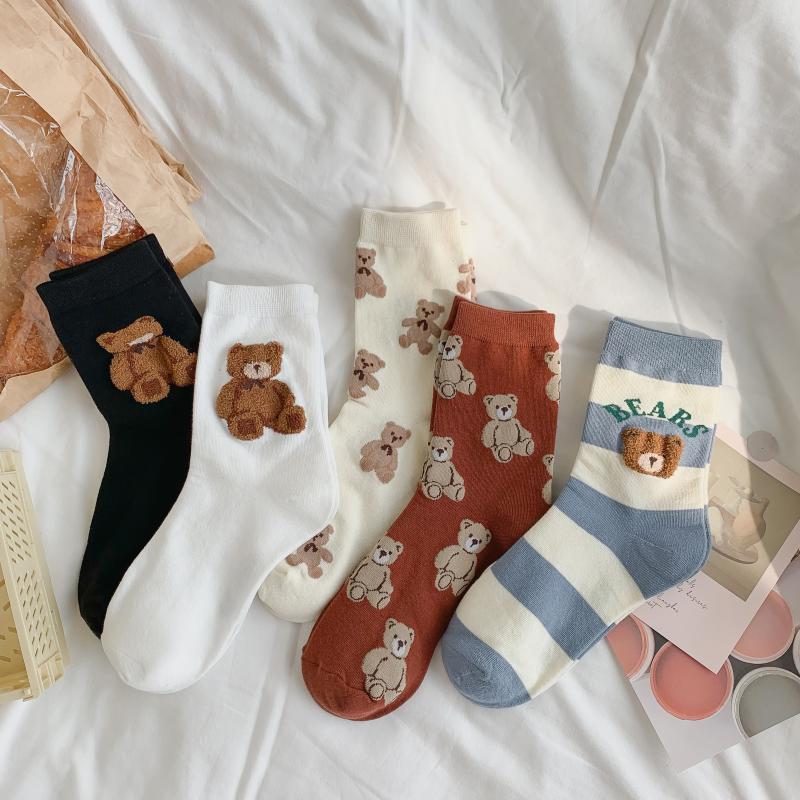 Creative New Brown Bear Socks Female Middle Tube Socks Japanese Cute Small Fresh Wild Student Socks Autumn and Winter Socks - Sabreeonline