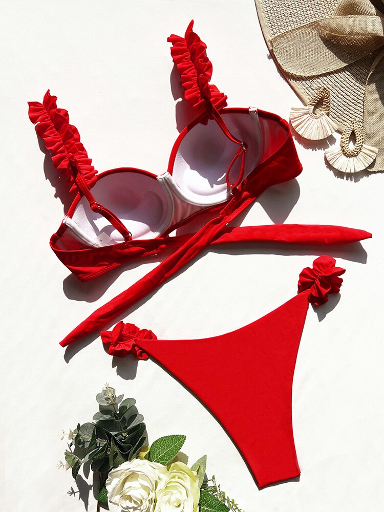Sexy Push Up Solid Bikini Ruffle Bath Suits