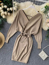 Sweater Dress Batwing Sleeve V Neck Elegant Dress Ladies Bandage Dress - Sabreeonline