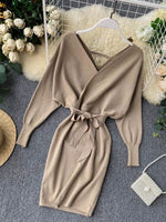 Sweater Dress Batwing Sleeve V Neck Elegant Dress Ladies Bandage Dress - Sabreeonline