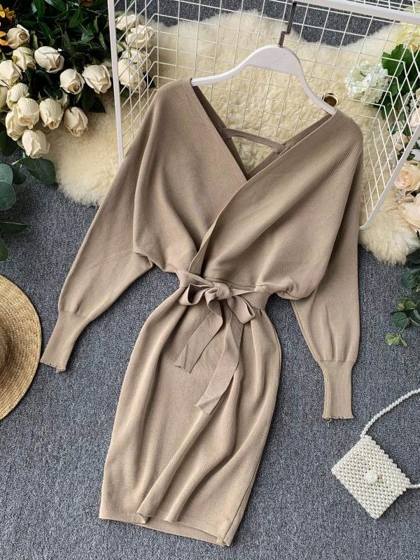Sweater Dress Batwing Sleeve V Neck Elegant Dress Ladies Bandage Dress - Sabreeonline