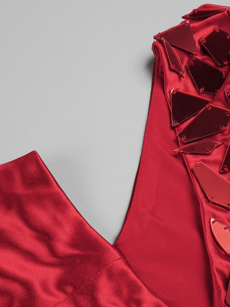 Red Dress Luxury Sequins High Slit - Sabreeonline