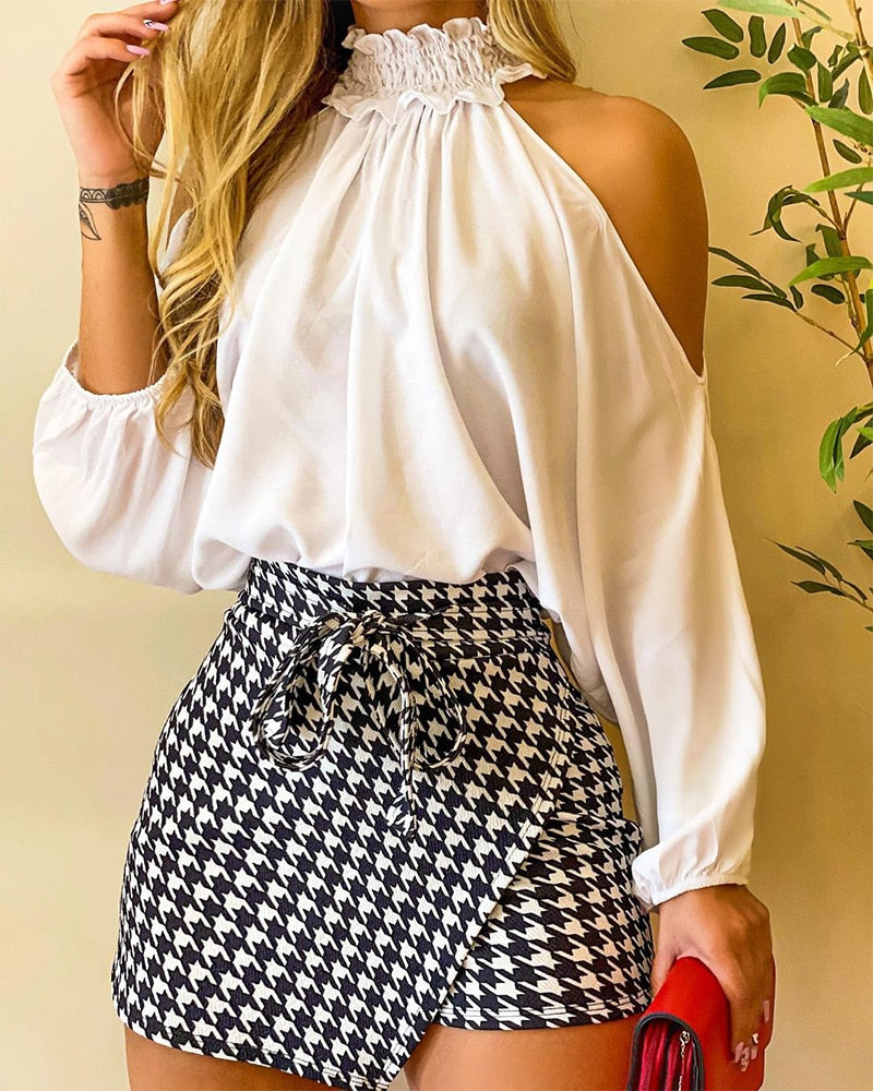 Women Frill Hem Shirred Neck Cold Shoulder Top &amp; Houndstooth Wrap Tie Front Shorts Set Autumn Sexy Bodycon Skirts Two Piece Suit