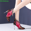 Patchwork Fabric Mesh Embroidery Boots For Women Crystal Design Back Zipper Ankle-High Pointed Toe Thin High Heel Female Shoes - Sabreeonline