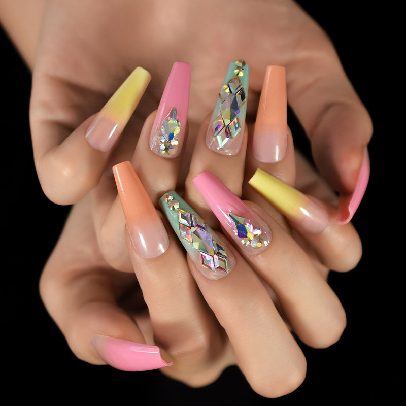 Large Stone Decorative Gradient Press On Finger Nails Extra Long Ballerina Fake Nails Manicure Designed Tips Real Nail Picture