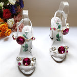 White Gemstone Chunky Heel Sandals - Sabreeonline