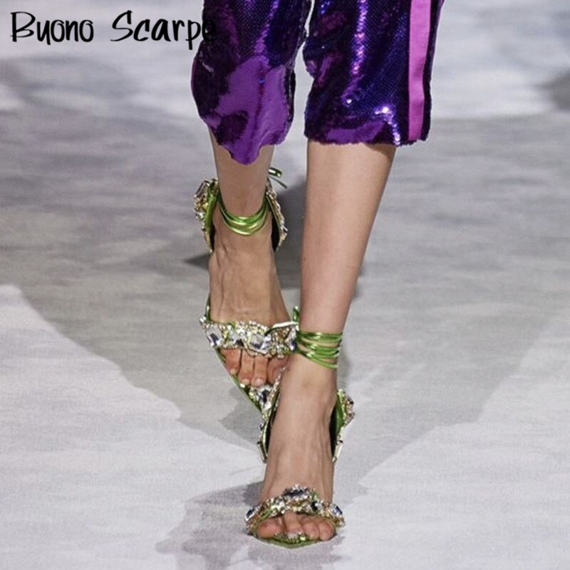 Mirror Crystal Heeled Sandals Pointed Rhinestone Stiletto High Heel Sandals Gold Stunning Bride Heels Ankle Strap Wedding Shoes - Sabreeonline