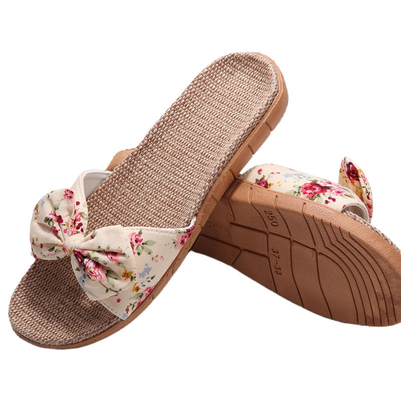 Suihyung Women Flax Slippers Summer Casual Slides Beach Shoes Ladies Indoor Linen Slippers Bohemia Floral Bow Flip Flops Sandals - Sabreeonline