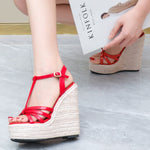 Hemp rope women&#39;s shoes large size wedge heel platform sandals Simple European and American woven large size