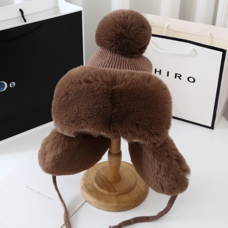 Outdoor Winter Thick Warm Earflap Hat Wool Knitted Snow Ski Cap Fleece Bomber Trapper Hat Women Ushanka Faux Fox Fur Pompom - Sabreeonline