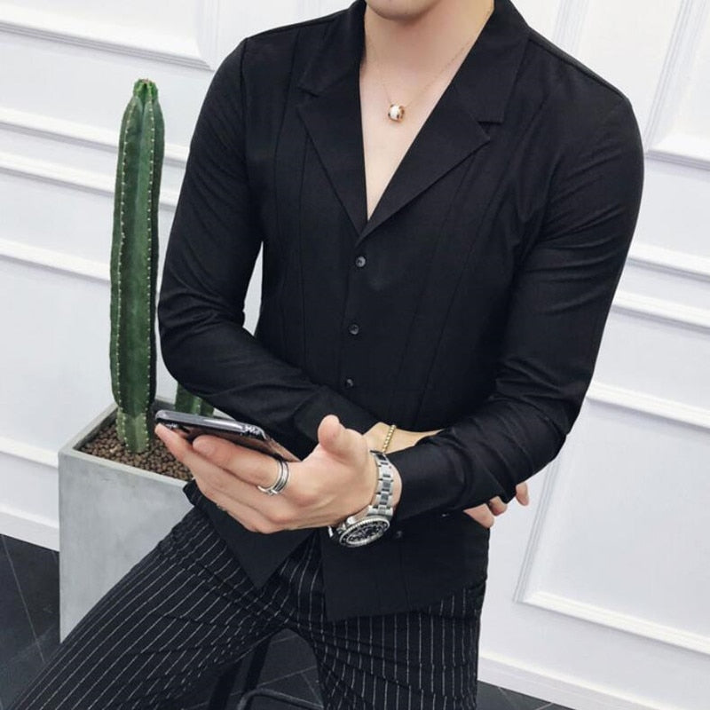 Long-Sleeved V-neck Slim Fit Casual Business Shirts - Sabreeonline