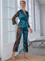 Women's Satin Pajamas Set Gorgeous Sleeve Top with Pant Contrast Lace Lounge Wear Hollow Out 2pcs Sleepwear - Sabreeonline
