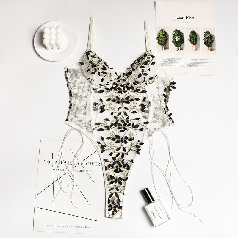 Women Teddy lingerie Sexy Underwear Erotic Corset Lace Mesh Sleepwear Nightwear  Embroidered strap one-piece sexy pajamas - Sabreeonline