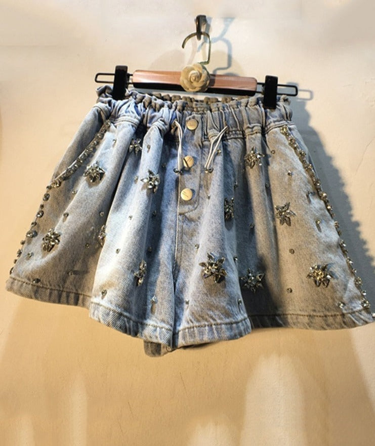 Denim Shorts New High Waist Diamonds Pentagram