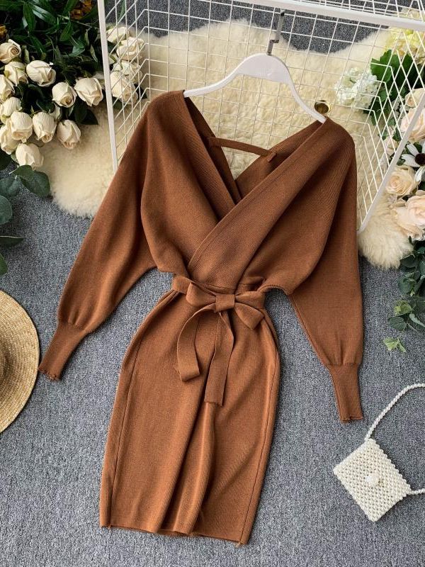 Sweater Dress Batwing Sleeve V Neck Elegant Dress Ladies Bandage Dress - Sabreeonline