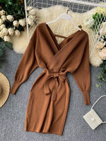 Sweater Dress Batwing Sleeve V Neck Elegant Dress Ladies Bandage Dress - Sabreeonline