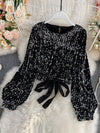 O-Neck Shirts Long-sleeved Open Back Lace-up Bow Short Tops Female - Sabreeonline