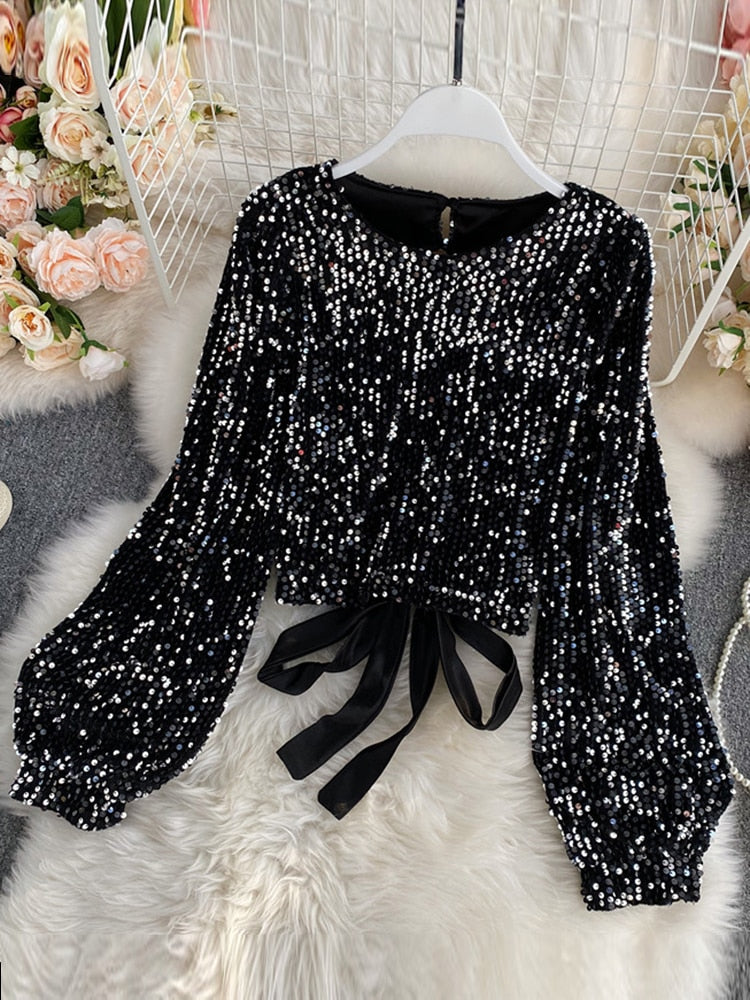 O-Neck Shirts Long-sleeved Open Back Lace-up Bow Short Tops Female - Sabreeonline