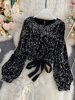 O-Neck Shirts Long-sleeved Open Back Lace-up Bow Short Tops Female - Sabreeonline