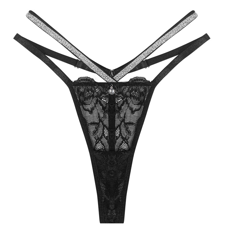 Women Sexy Lace Panties Lingerie Rhinestone See Through Female Underwear Low Waist Thongs Gstring Sensual Lenceria Mujer T-back - Sabreeonline