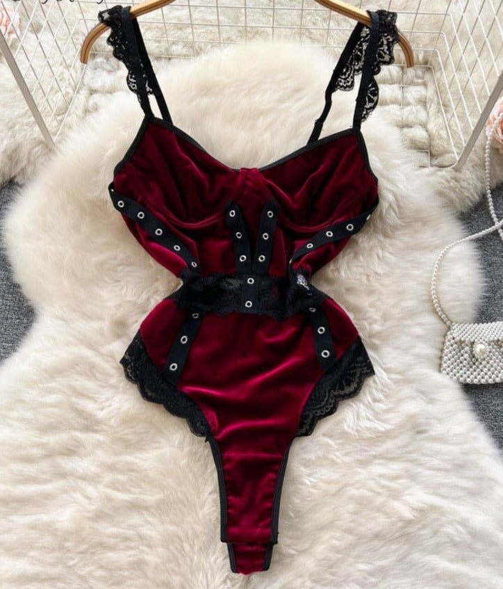 Ruffled Lace Backless Velvet Erotic Sensual Bodysuits - Sabreeonline