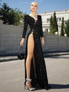 Luxury Women Summer Fashion Sexy Long Sleeve Black Diamonds Lace Maxi Long Bodycon Dress 2023 Elegant Evening Party Club Dress - Sabreeonline