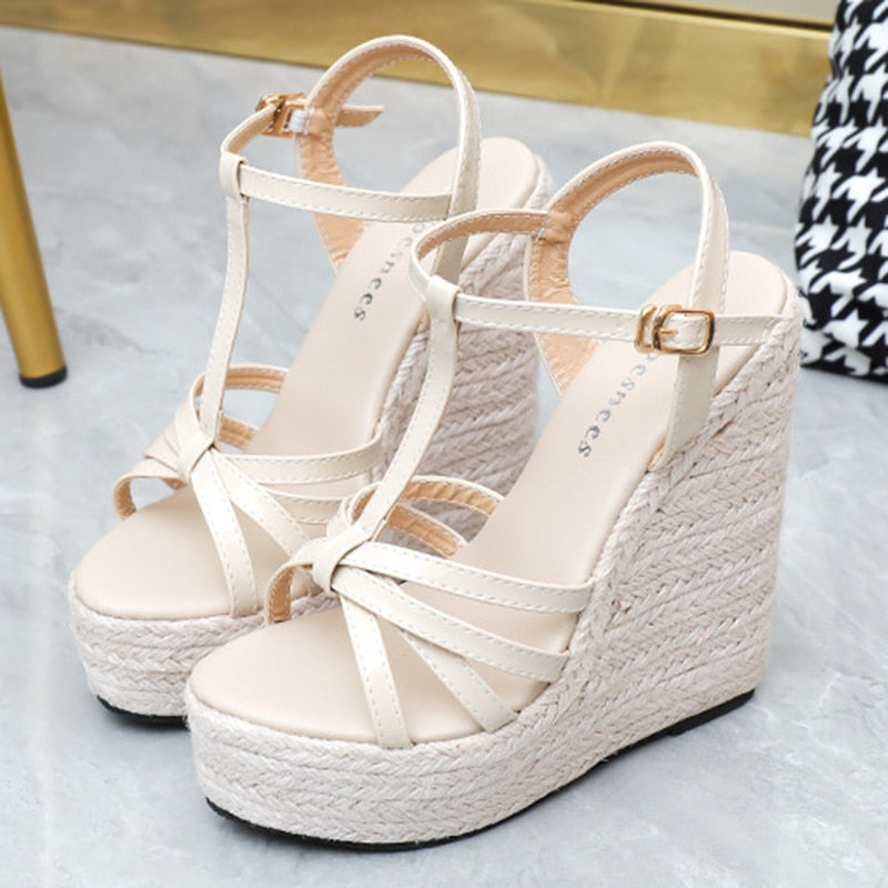 Hemp rope women&#39;s shoes large size wedge heel platform sandals Simple European and American woven large size