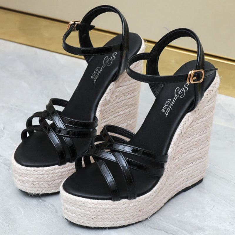 Shoes large size simple European and American braided hemp rope women&#39;s shoes wedge platform sandals