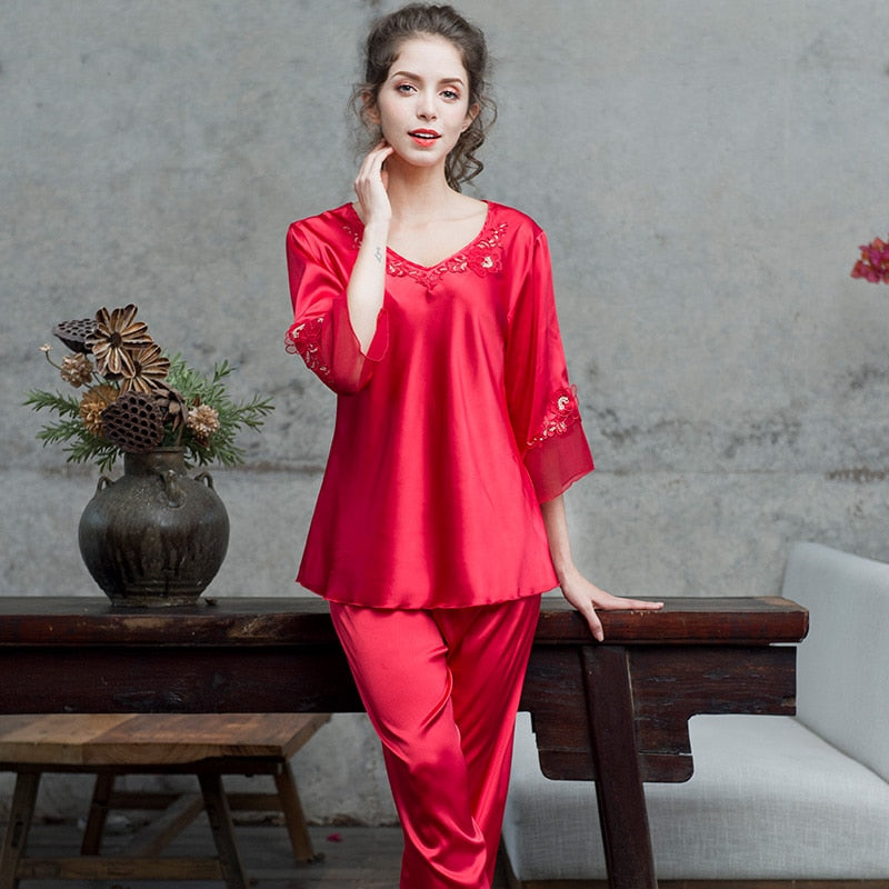 pijamas women Female pantsuit women Ice Silk Suit Long Sleeve silk pajamas Thin Bud Silk Sleeping Home Suit sleepwear - Sabreeonline