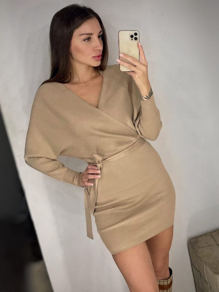 Sweater Dress Batwing Sleeve V Neck Elegant Dress Ladies Bandage Dress - Sabreeonline