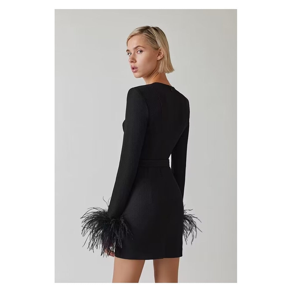 Mini Bodycon Black Feather Long Sleeve - Sabreeonline