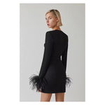 Mini Bodycon Black Feather Long Sleeve - Sabreeonline