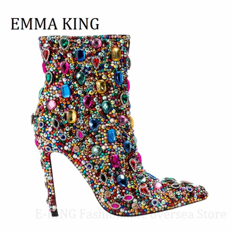 Women Multicolor Crystal Ankle Boots Sexy Stiletto Heels Rhinestone Cocktail Booties Ladies Bling Party Shoes Botas De Mujer - Sabreeonline