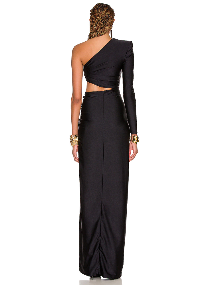 VC Black Long Dress Women Diagonal Collar One-Shoulder High Slit Ruched Design Evening Party Dress 2022 Autumn Winter New